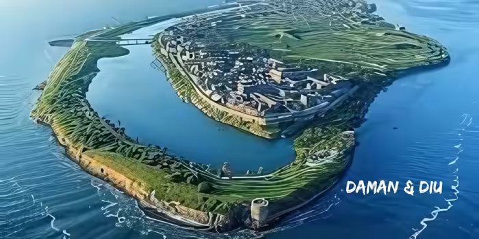 Serene beach in Daman and Diu with people strolling and relaxing by the shore.