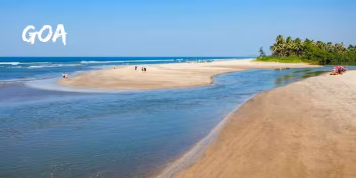 Sunset view at Calangute Beach in Goa with palm trees and vibrant beach shacks.