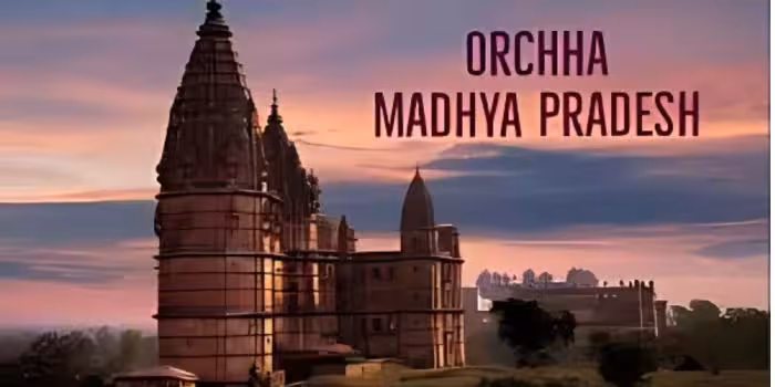 Architectural marvel of Orchha Fort with temples and green surroundings.